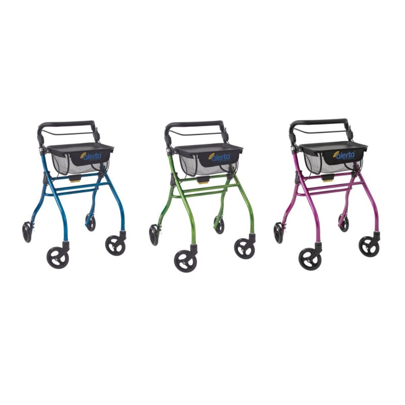 Alerta Four-Wheel Aluminium Lightweight Indoor Rollator, Compact, Foldable Rollator with Tray and Basket - CareSupplies.com Medi