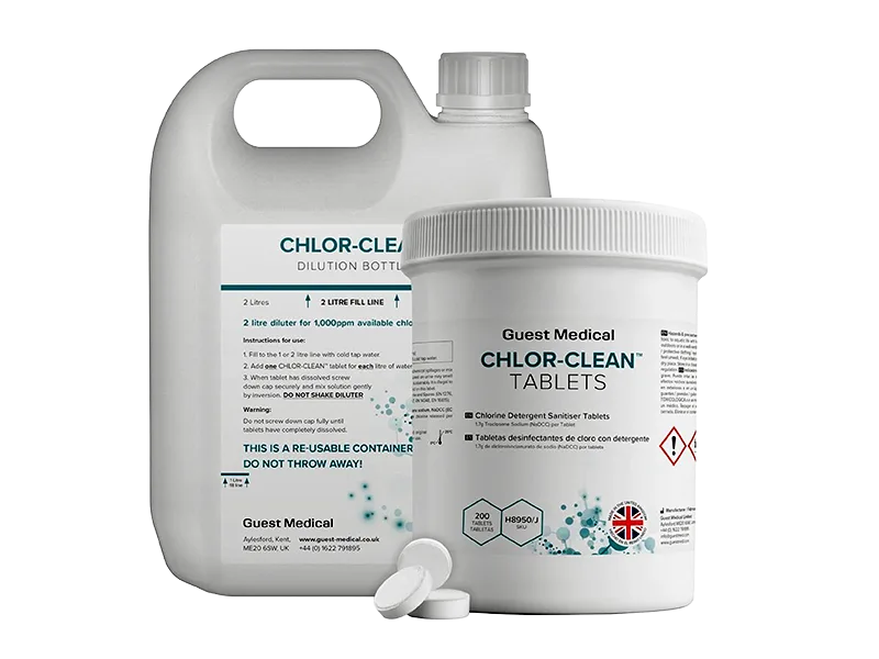 Chlor-Clean chlorine disinfection sanitiser tablets and dilution bottle for care home and NHS infection prevention and control