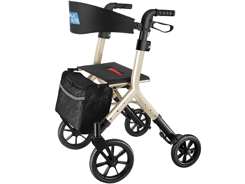 WalkMate four-wheel rollator walker with padded seat and storage bag for safe mobility and independence in care settings
